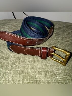 Polo Ralph Lauren Brown Leather Navy Green Striped Belt 36